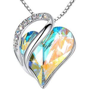 Infinity Love Birthstone Heart Pendant Opal White Necklace Women Mom Wife Silver
